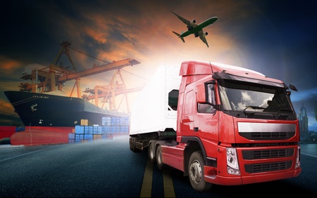 45713965 - container truck ,ship in port and freight cargo plane in transport and import-export commercial logistic ,shipping business industry